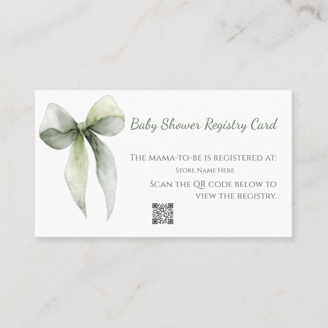 Sage Green Bow Baby Shower Registry Card Visitenkarte (Vorderseite)