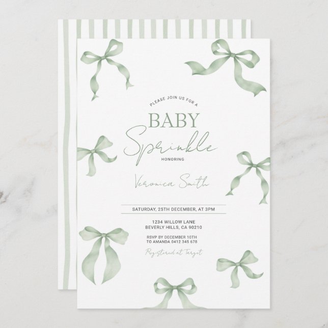 Sage Green Bow Baby Sprinkle Invitation Einladung (Vorne/Hinten)