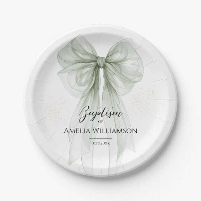 Sage Green Bow Baptisse Pappteller (Vorderseite)