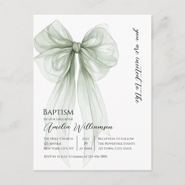 Sage Green Bow Baptisse Postkarte (Vorderseite)
