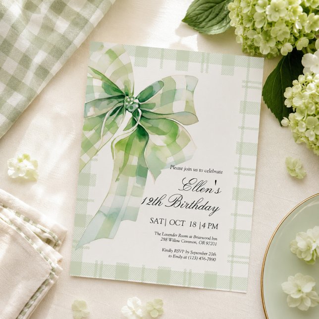 Sage Green Bow Birthday Einladung (Von Creator hochgeladen)