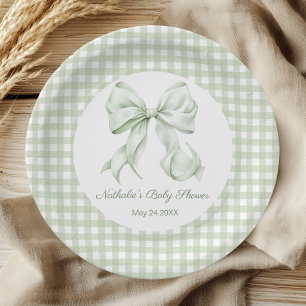 Sage Green Bow Gingham Baby Dusche Pappteller