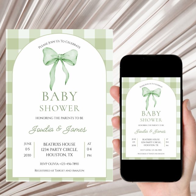 sage green Bow Gingham Baby Shower Invitation Einladung (Von Creator hochgeladen)