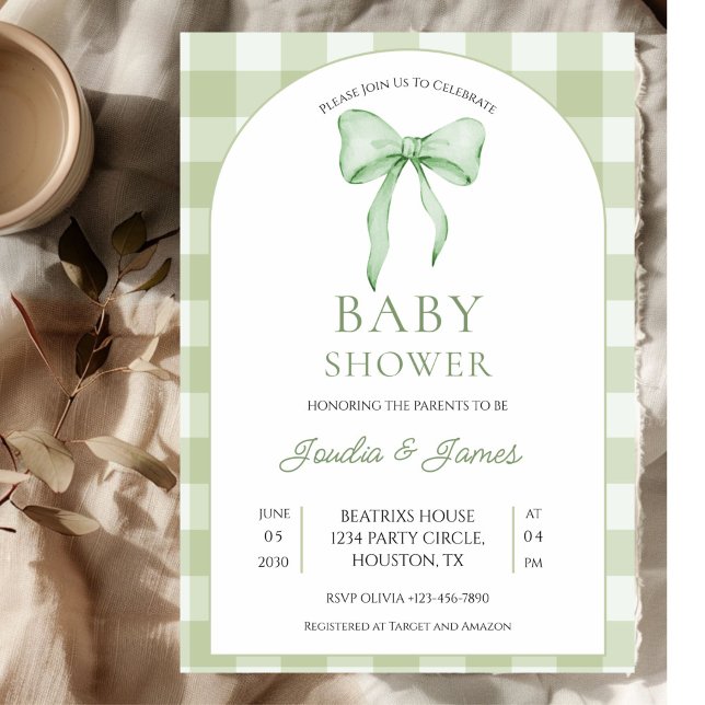 sage green Bow Gingham Baby Shower Invitation Einladung (Von Creator hochgeladen)