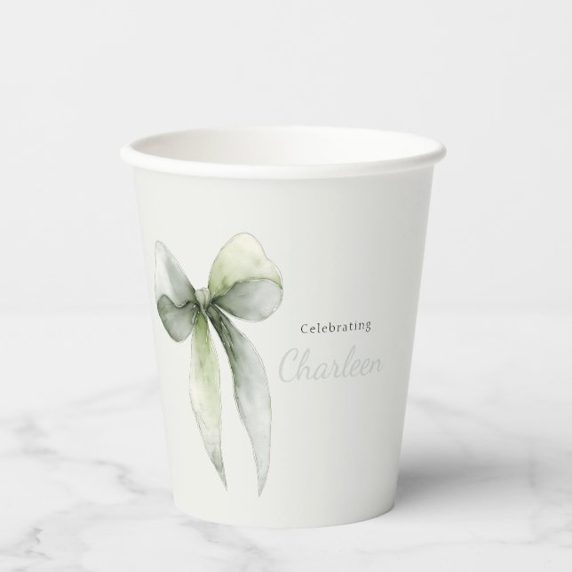 Sage Green Bow Gingham Baby Shower Pappbecher (Vorderseite)