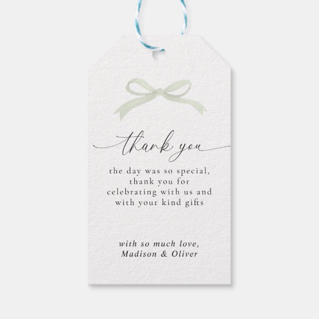 Sage Green Bow Monogram Thank You Message Wedding Geschenkanhänger (Rückseite)