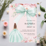 Sage green bow pink florals Kleid Sweet 16 Einladung<br><div class="desc">Ein eleganter,  rosa Hintergrund,  mit einem großen,  grün bunten Bogen,  rosa Blume und einem Mädchen in einem grünen Kleid dekoriert. Personalisieren und fügen Sie einen Namen und Party-Details hinzu.</div>