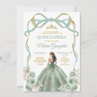 Sage Green Bow Princess Gold Crown Quinceañera Einladung