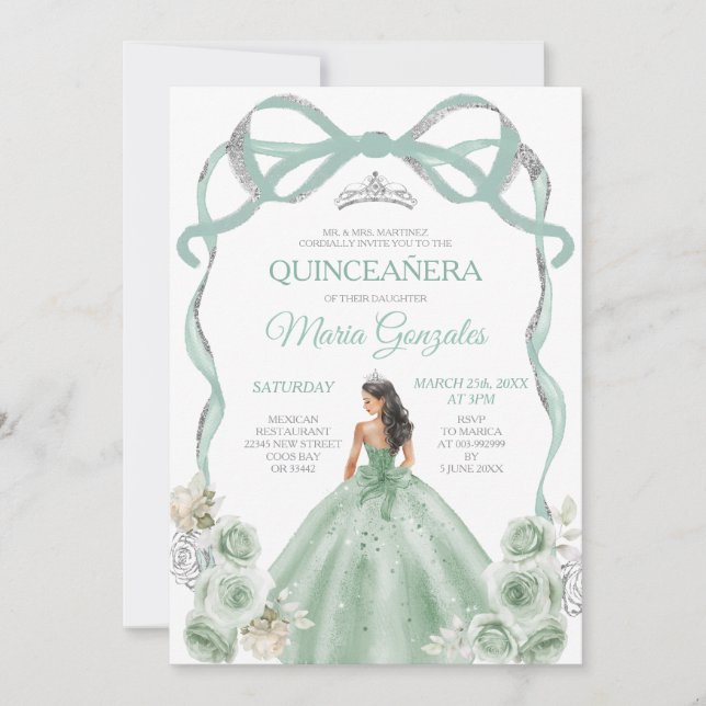 Sage Green Bow Princess Silver Crown Quinceañera Einladung (Vorderseite)