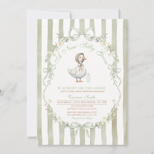 Sage Green Bow Silly Goose Baby SHOWER Invitation Einladung (Vorderseite)