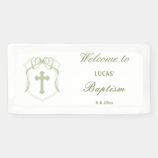 Sage Green Bow Wappen Taufe Banner (Horizontal)