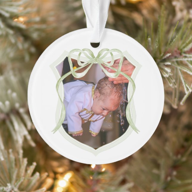 Sage Green Bow Wappen Taufe Foto Ornament (Baum)
