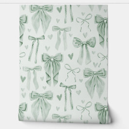 Sage Green Bows and Hearts on Soft Green Tapete