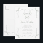 Sage Green Bows and Vows Wedding Save the Date Postkarte<br><div class="desc">Sage Green Bows and Vows Wedding Save the Date Postcard. The fine line bow details and airy spacing create a graceful, coquette-inspired style that feels modern yet classic. With its balanced layout and soft tones, this design captures the beauty of a romantic celebration, highlighting charm, elegance, and understated sophistication. Make...</div>
