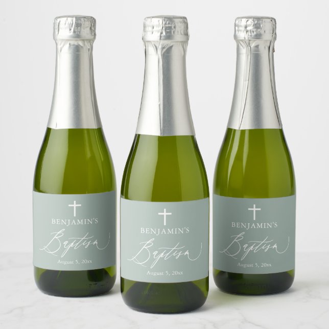 Sage Green Boy Baptism Mini Sparkling Weinflasche (Flaschen)
