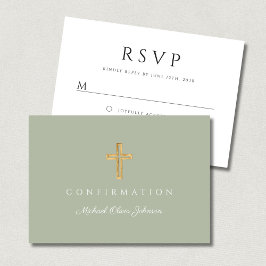 Sage Green Boy Religious Cross Confirmation RSVP Karte