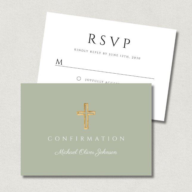 Sage Green Boy Religious Cross Confirmation RSVP Karte (Sage Green Boy Religious Cross Confirmation RSVP Card)