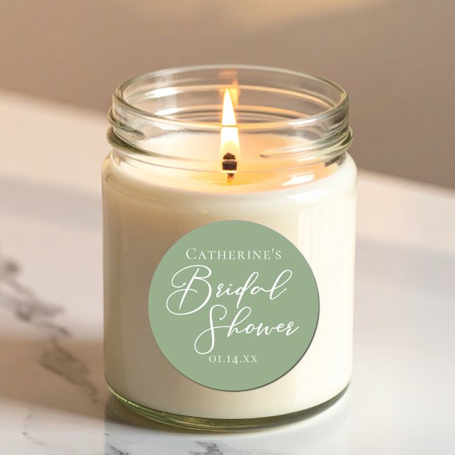 Sage Green Brautparty Personalisiert White Script Runder Aufkleber (Von Creator hochgeladen)