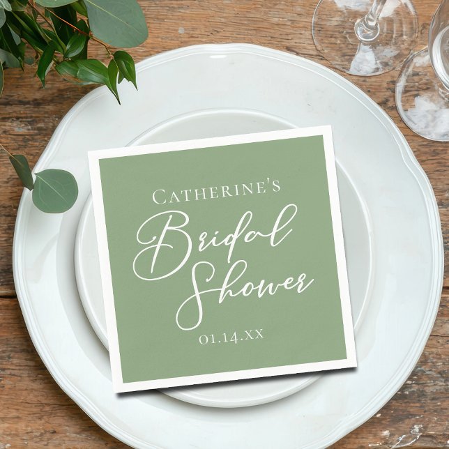 Sage Green Bridal Shower Personalized White Script Serviette (Von Creator hochgeladen)