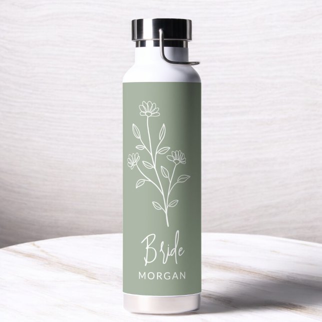 Sage Green Bride Hand Scripting Name Floral Trinkflasche (Von Creator hochgeladen)