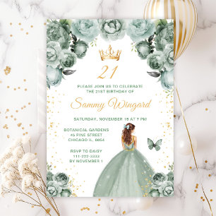 Sage Green Brown Hair Princess Birthday Party Einladung