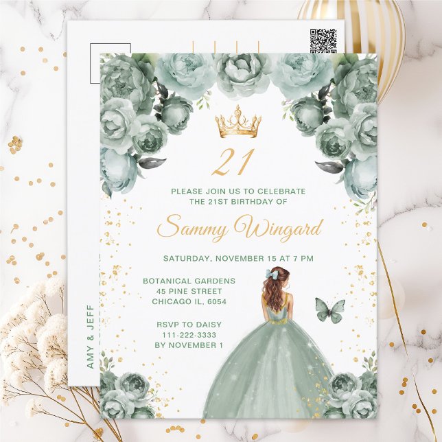 Sage Green Brown Hair Princess Birthday Party Postkarte (Von Creator hochgeladen)