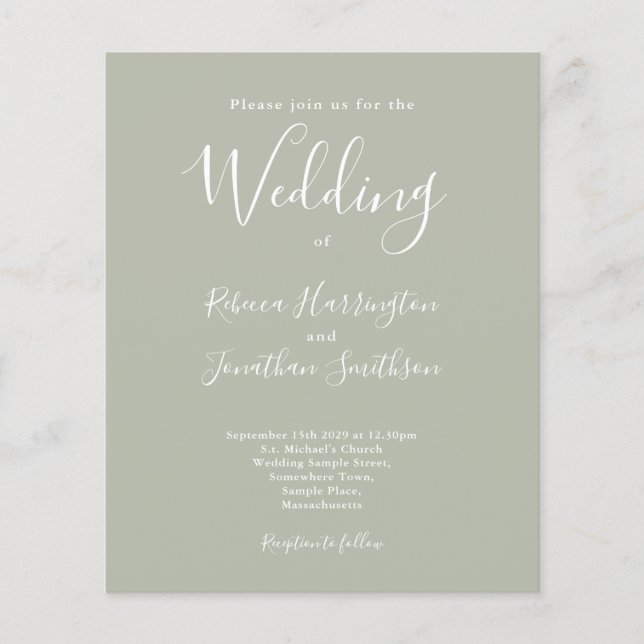 Sage Green Budget Moderne Script Hochzeitseinladun (Vorderseite)