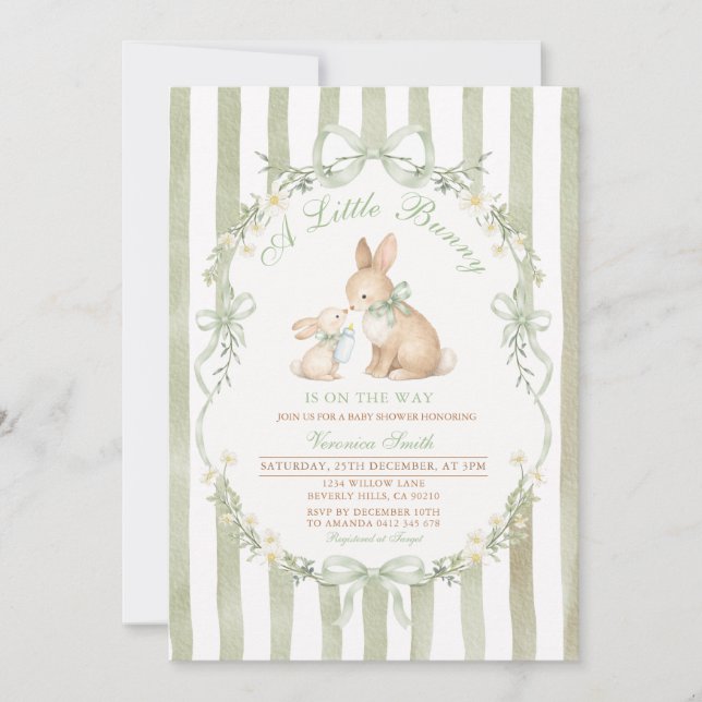 Sage Green Bunny Baby Shower Boy Girl Invitation Einladung (Vorderseite)