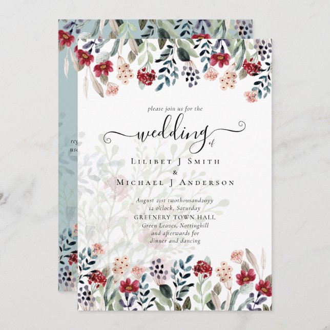Sage Green Burgundy Blue Floral Wedding Einladung (Vorne/Hinten)
