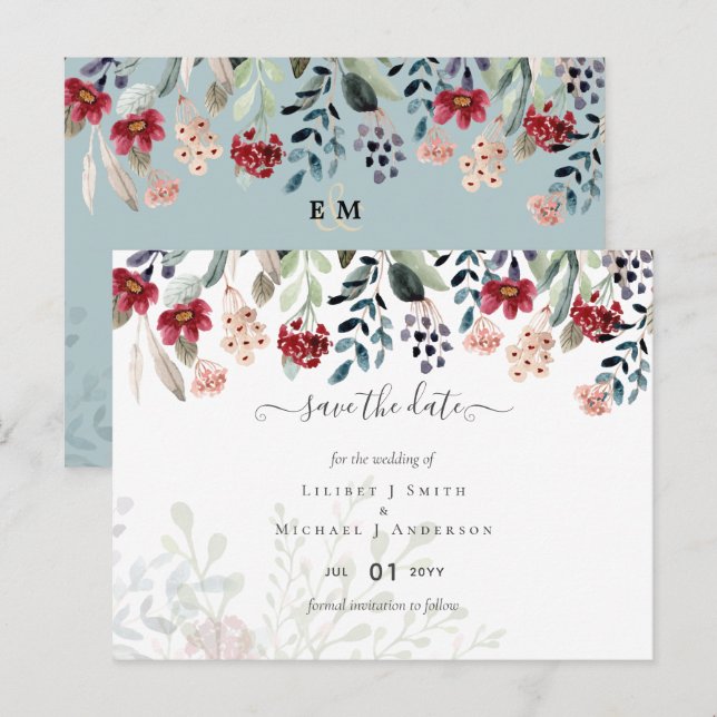 Sage Green Burgundy Blue Floral Wedding Postkarte (Vorne/Hinten)