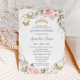 Sage Green Butterfells Pink Floral Quinceñera Einladung