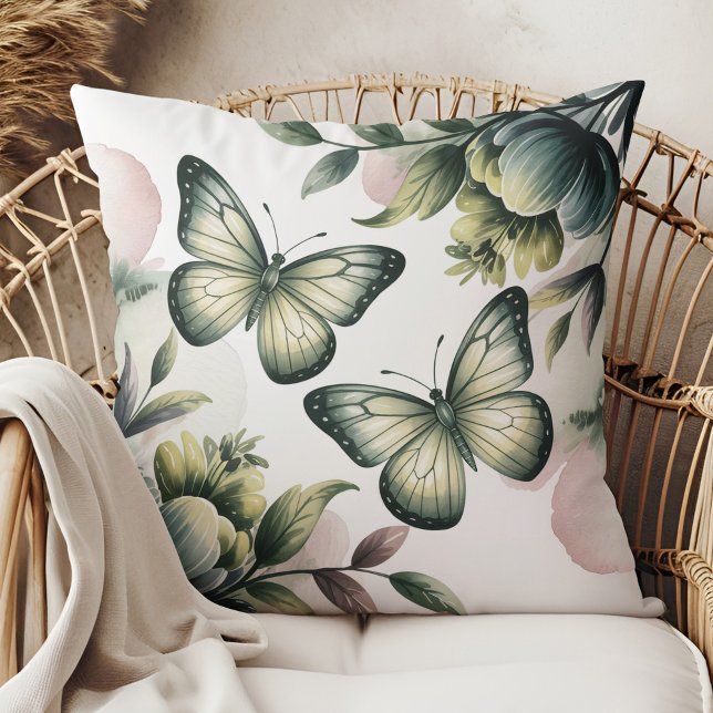 Sage Green Butterfly Throw Pillow Kissen (Sage Green Butterfly Throw Pillow in a boho neutral rattan armchair)