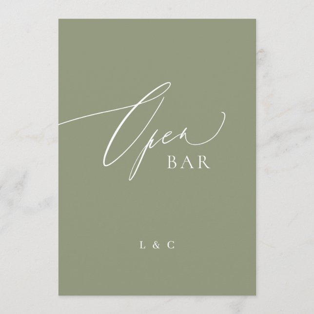 Sage Green Calligraphy 5 x 7 Wedding OPEN Bar Sign (Vorderseite)