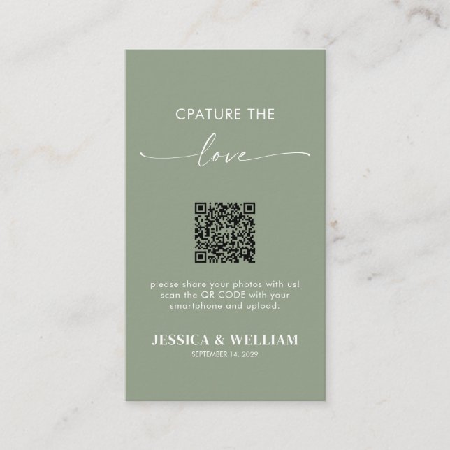 Sage Green Calligraphy Capture the Liebe QR Code Begleitkarte (Vorderseite)