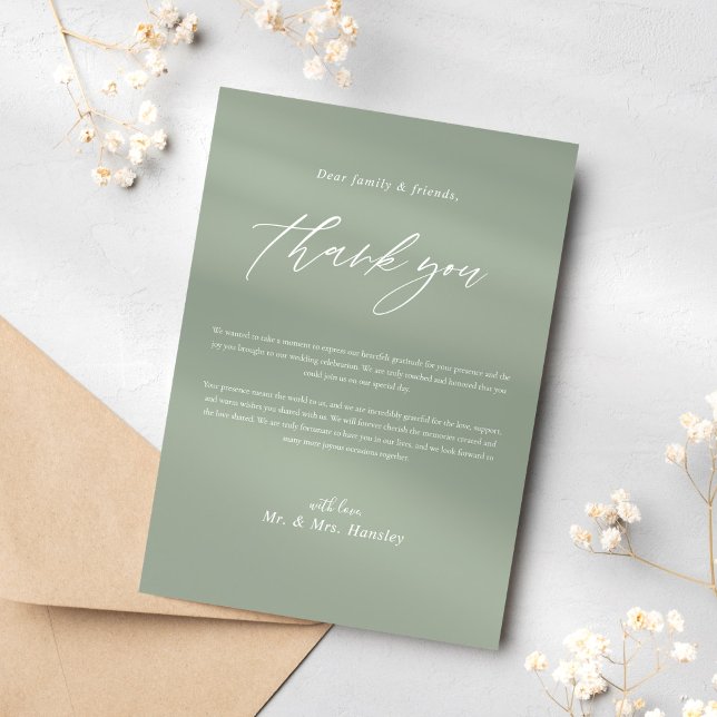 Sage Green Calligraphy Classic Elegant Wedding Dankeskarte (Sage Green Calligraphy Classic Elegant Wedding Thank You Card)