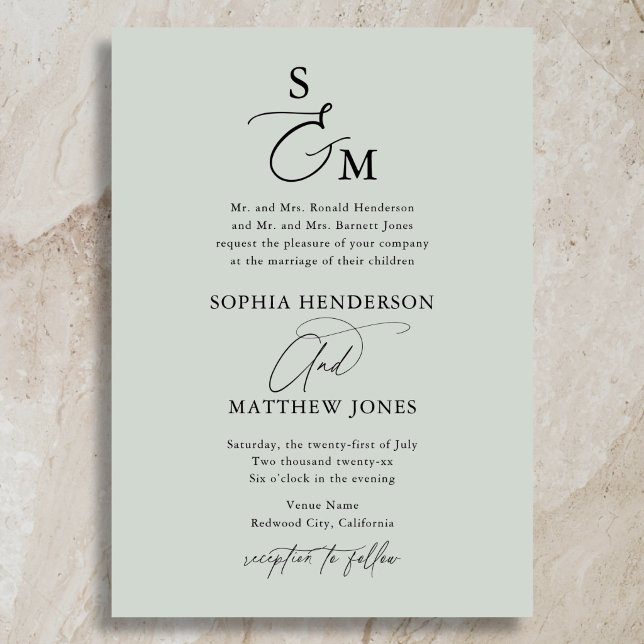 Sage Green Calligraphy Monogram Formal Wedding Einladung (Von Creator hochgeladen)