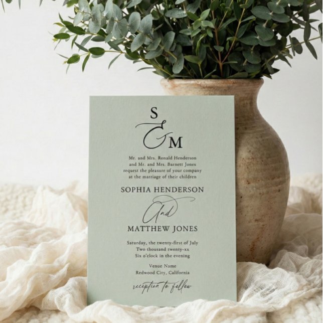 Sage Green Calligraphy Monogram Formal Wedding Einladung (Von Creator hochgeladen)