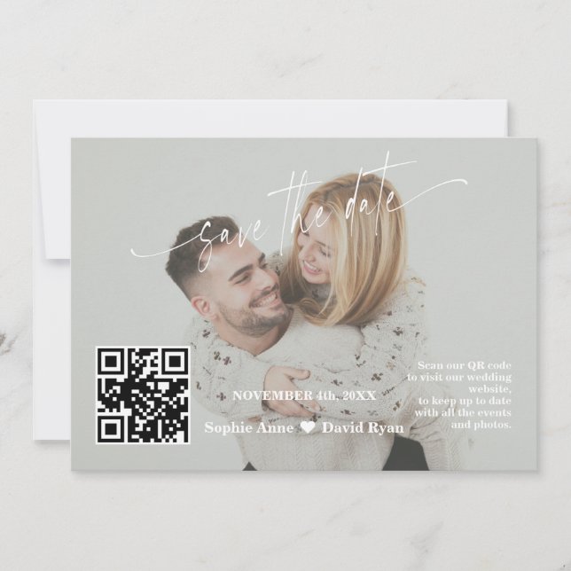 Sage Green Calligraphy QR Code Foto Hochzeit Save The Date (Vorderseite)