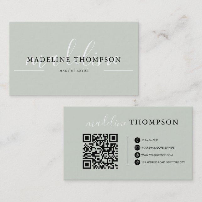 Sage Green Calligraphy Script QR-Code Visitenkarte (Vorne/Hinten)