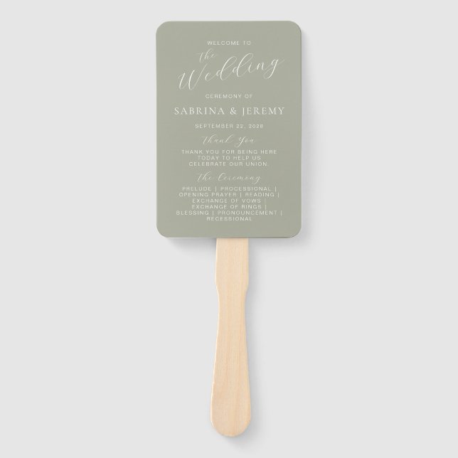 Sage Green Calligraphy Script Wedding Program Fächer (Vorderseite)
