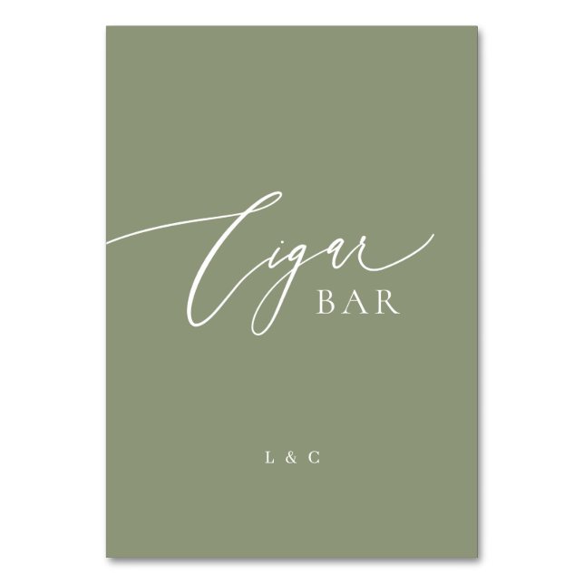 Sage Green Calligraphy Wedding Cigar Bar Sign Tischnummer (Vorderseite)