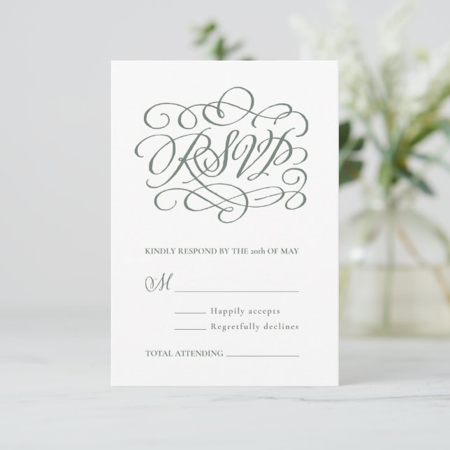 Sage Green Calligraphy Wedding RSVP Card Dankeskarte (Stehend Vorderseite)