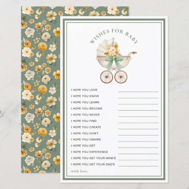 Sage Green Carriage Wishes for Baby Card (Vorne/Hinten)