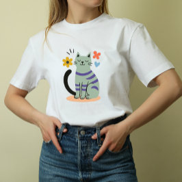 Sage Green Cat Boho Floral Mid Century Art T-Shirt
