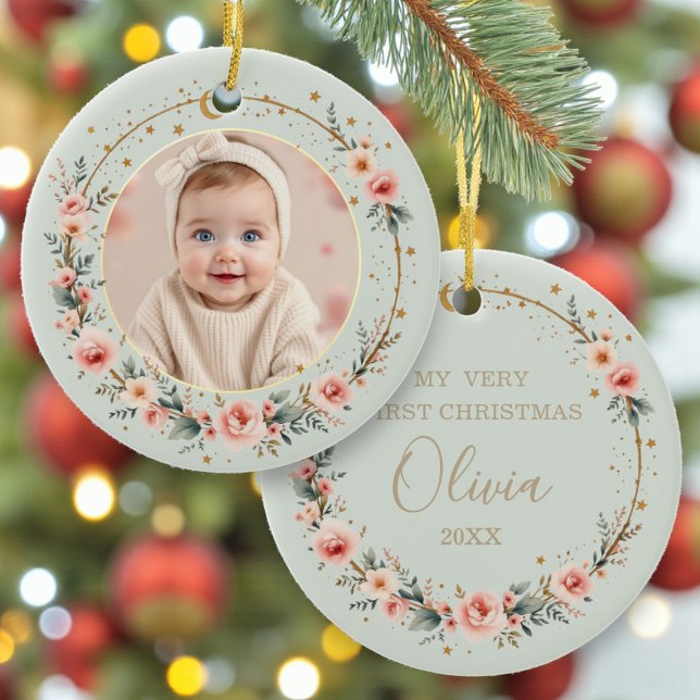 Sage Green Celestial Baby First Christmas Photo Keramik Ornament (Von Creator hochgeladen)