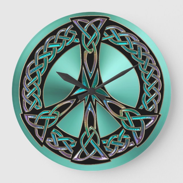 Sage Green Celtic Knot Peace Sign Clock Große Wanduhr (Vorderseite)