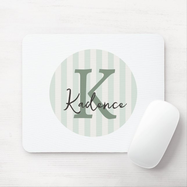 Sage Green Charcoal Custom Striped Circle Monogram Mousepad (Mit Mouse)