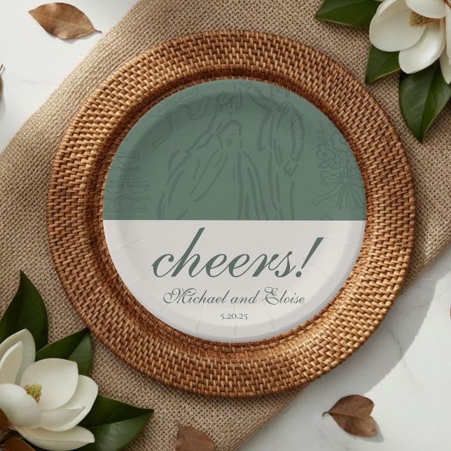 Sage Green Cheers Elegant Personalized Wedding Pappteller (Sage Green Cheers Elegant Personalized Wedding Paper Plates)