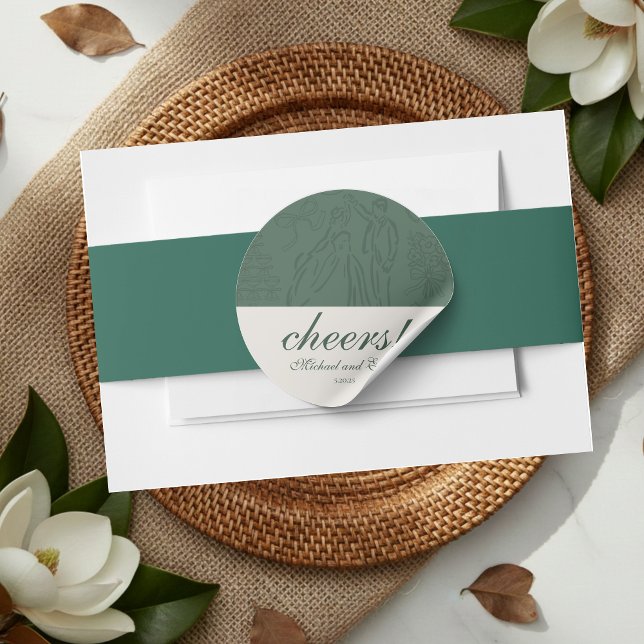 Sage Green Cheers Elegante Personalisiert Hochzeit Runder Aufkleber (Sage Green Cheers Elegant Personalized Wedding Classic Round Sticker)