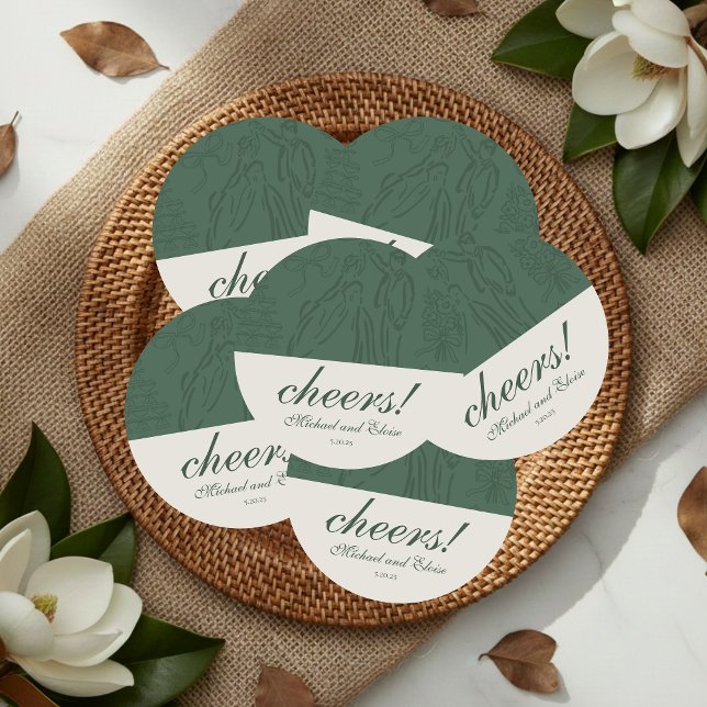 Sage Green Cheers Elegante Personalisiert Hochzeit Runder Pappuntersetzer (Sage Green Hand Drawn Wedding Favor Round Paper Coaster)